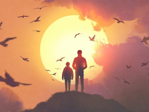 Silhouettes against sunset sky